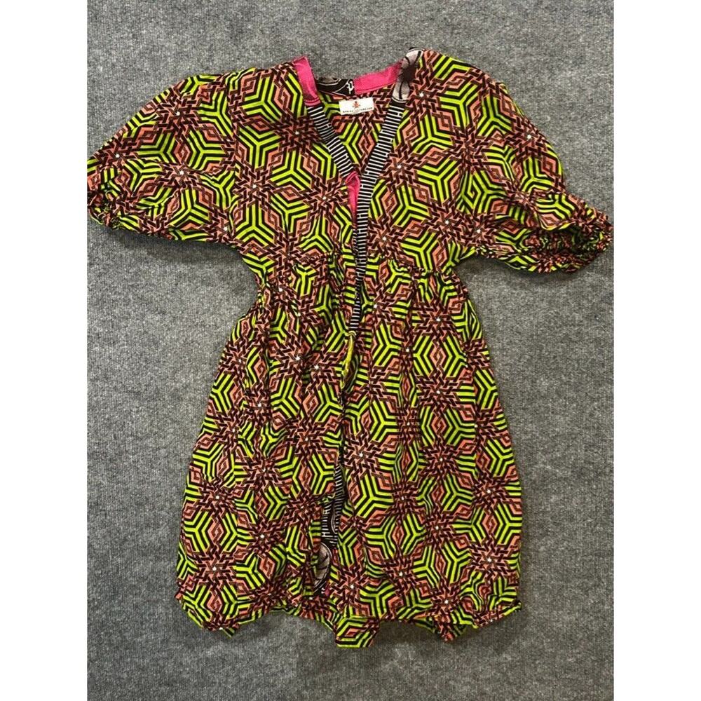 Kiki Clothing Traditional African Kimono Large Cap Sleeve Dress Green Geometric